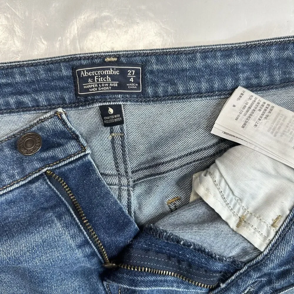 Abercrombie Fitch Shorts 27/4 Harper Lowrise Midi Denim Blue Jean Cuffed Fray